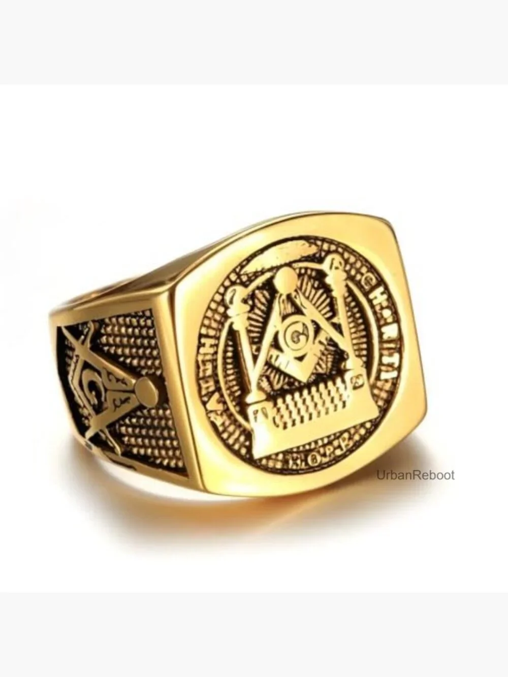 Masonic Solomon's Temple Ring Signet Faith Hope Charity Silver Gold Accent